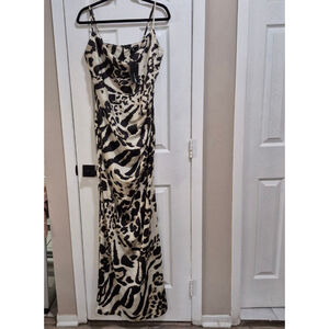 Women's Fashion Nova Black Beige Animal Print Satin Maxi‎ Dress L